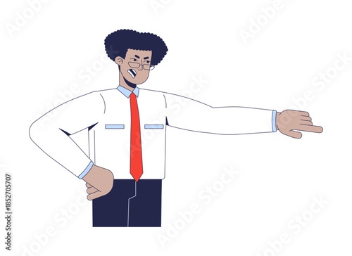 Controlling manager scolding with assertive gesture 2D cartoon character. Stern latin american boss yelling, angrily pointing flat vector person isolated on white. Spot illustration colorful