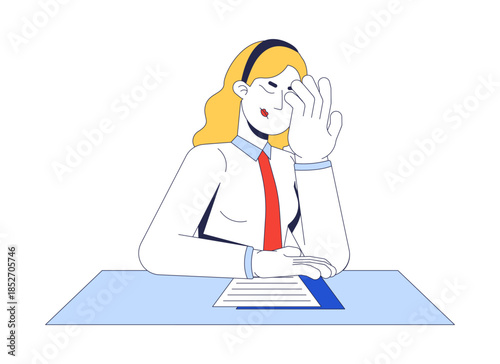 Frustrated blonde corporate woman facepalming at desk 2D cartoon character. Work problem. Workplace disappointment. Tired professional flat vector person isolated on white. Spot illustration colorful