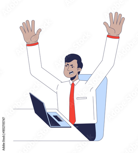 Frustrated indian employee yelling at workstation 2D cartoon character. Loud complaint. Shouting gesture. Office worker meltdown flat vector person isolated on white. Spot illustration colorful