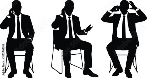 Businessman silhouettes seated on chairs talking on phone, thinking and stressed corporate communication concept black vector isolated background white design