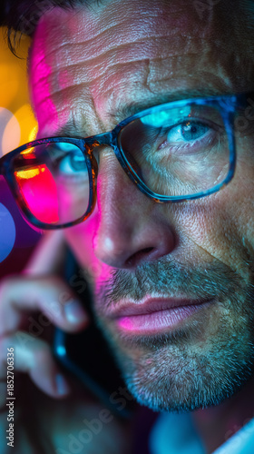 Close up portrait of man wearing glasses on phone call, neon lighting, night mood, technology, cyberpunk style.
