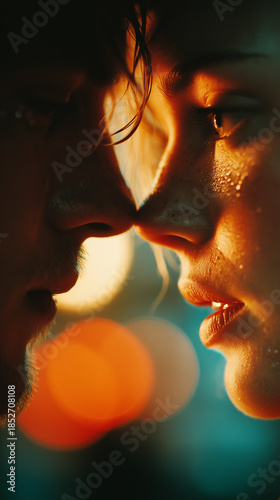 Intimate cinematic portrait of a man and woman in warm neon light, closeness, emotion, romance, sensual atmosphere.
