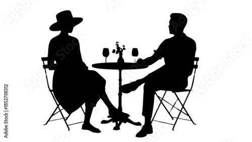 Two people enjoying a conversation at an outdoor cafe table with drinks.
