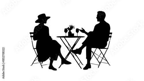 Two people enjoying conversation and drinks at an outdoor cafe table.