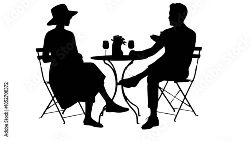 Two people enjoying a conversation at an outdoor bistro table.