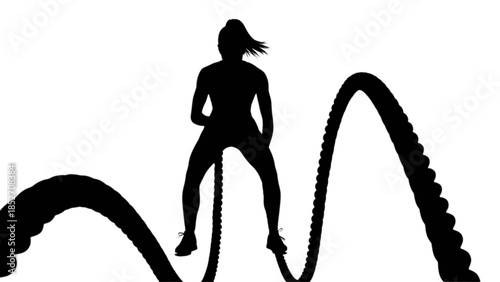 Woman exercising with battle ropes in a fitness studio on a white background.
