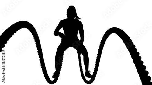 Athletic woman exercising with battle ropes in a fitness studio.