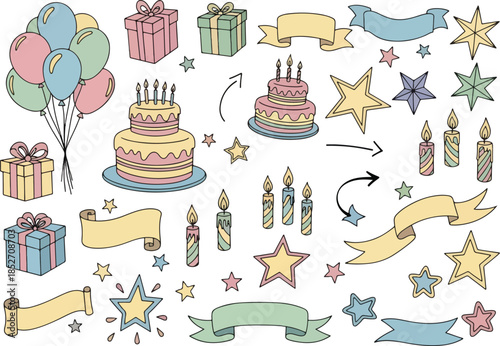 Collection of pastelcolored birthday icons cakes gifts candles banners and stars