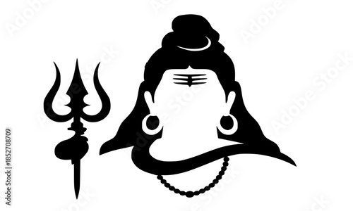 Lord Shiva Face Silhouette with Trishul, Mahadev Icon with Third Eye and Trident, Hindu God Shiva Portrait Vector, Adiyogi Shiva Head and Trishul, Black Silhouette Shiva with Rudraksha Mala