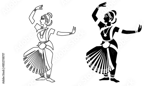 Indian Classical Dancer Silhouette Set, Bharatanatyam Dancer Poses, Traditional Indian Dance Mudras, Kathak and Bharatanatyam Dancer Vector, Graceful Indian Woman Dancing Silhouette, Black and White I