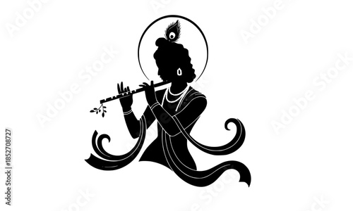 Lord Krishna Playing Flute in Circular Frame, Krishna Bansuri Silhouette with Flowing Hair, Divine Krishna Flute Player Icon, Hindu God Krishna with Peacock Feather, Black and White Krishna Bansuri 