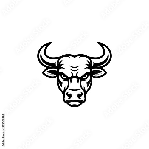 A fierce black and white vector logo of a bull or buffalo head with large horns, symbolizing strength, aggression, power, and a dominant force.