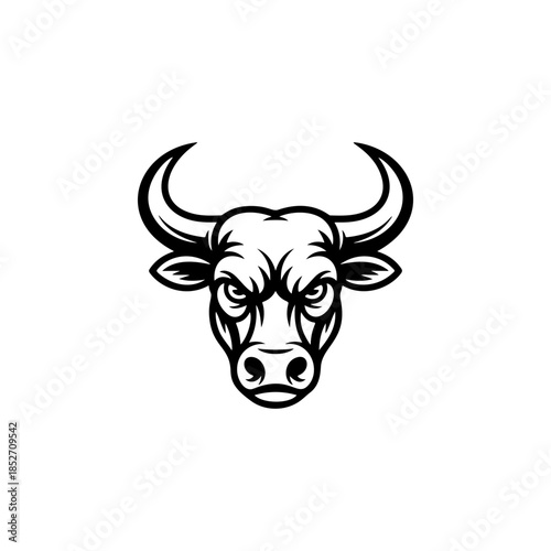 A fierce black and white vector logo of a bull or buffalo head with large horns, symbolizing strength, aggression, power, and a dominant force.