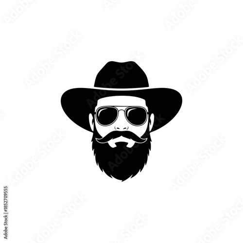 A cool black and white vector logo of a bearded cowboy wearing a wide-brimmed hat and aviator sunglasses, symbolizing the Wild West, style, and adventure.