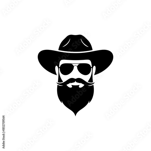 A cool black and white vector logo of a bearded cowboy wearing a wide-brimmed hat and aviator sunglasses, symbolizing the Wild West, style, and adventure.