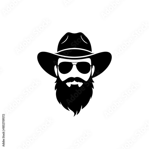 A cool black and white vector logo of a bearded cowboy wearing a wide-brimmed hat and aviator sunglasses, symbolizing the Wild West, style, and adventure.