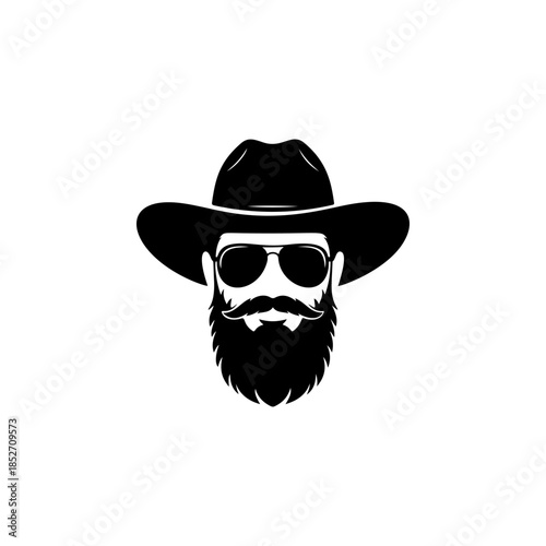 A cool black and white vector logo of a bearded cowboy wearing a wide-brimmed hat and aviator sunglasses, symbolizing the Wild West, style, and adventure.