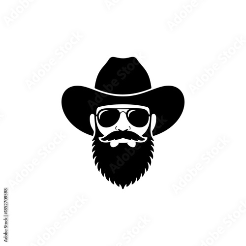 A cool black and white vector logo of a bearded cowboy wearing a wide-brimmed hat and aviator sunglasses, symbolizing the Wild West, style, and adventure.
