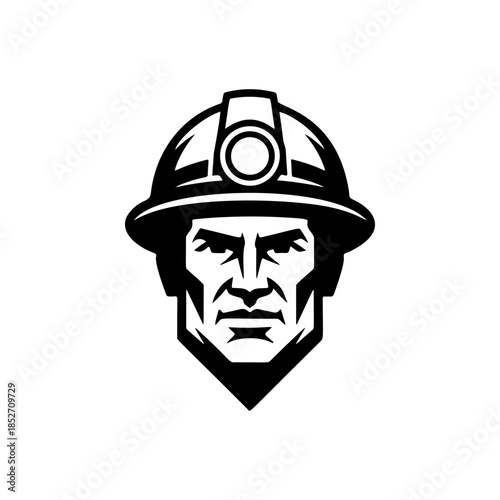 A strong black and white vector logo of a focused miner or construction worker wearing a hard hat with a headlamp, symbolizing hard work and industry.