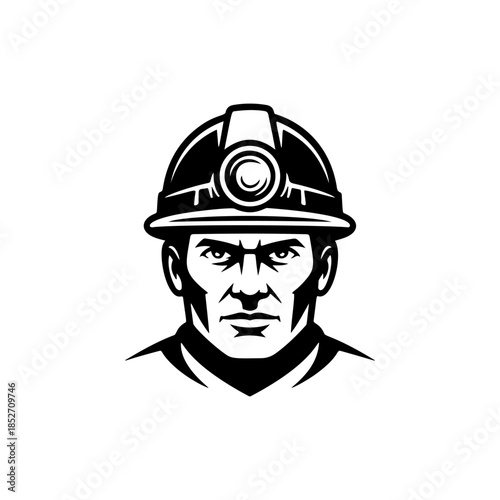 A strong black and white vector logo of a focused miner or construction worker wearing a hard hat with a headlamp, symbolizing hard work and industry.