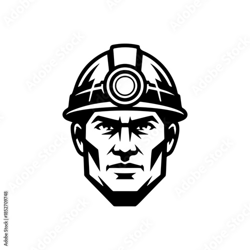A strong black and white vector logo of a focused miner or construction worker wearing a hard hat with a headlamp, symbolizing hard work and industry.
