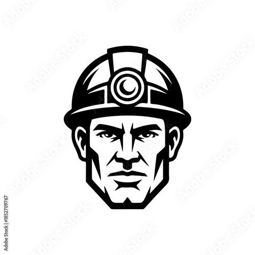 A strong black and white vector logo of a focused miner or construction worker wearing a hard hat with a headlamp, symbolizing hard work and industry.