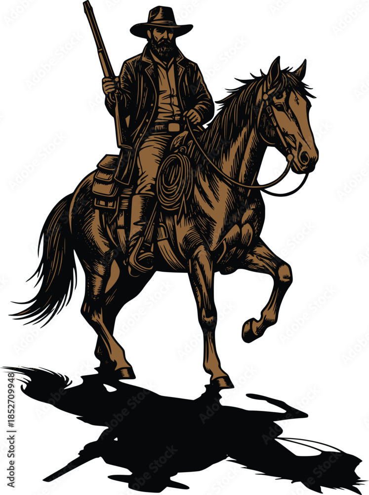 Naklejka premium Cowboy Riding Horse Desert Sunset