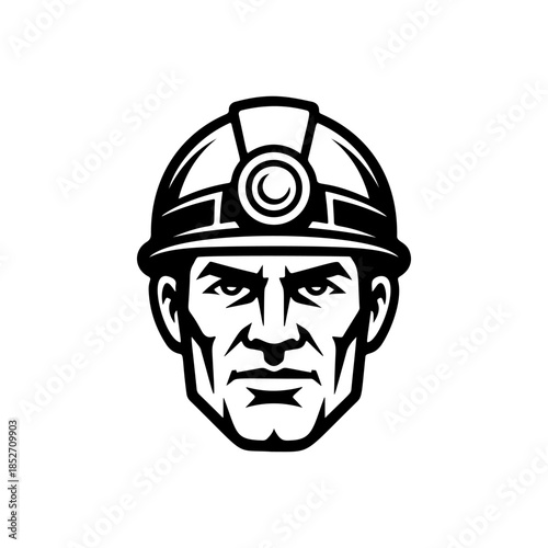 A strong black and white vector logo of a focused miner or construction worker wearing a hard hat with a headlamp, symbolizing hard work and industry.