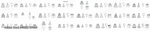 Black and white seamless outline pattern featuring party and birthday icons like cake, candles, gift boxes, balloons, and party hats on a white background.