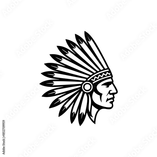 A profile black and white vector logo of a Native American man wearing a traditional feathered war bonnet (headdress), symbolizing pride, heritage, and history.
