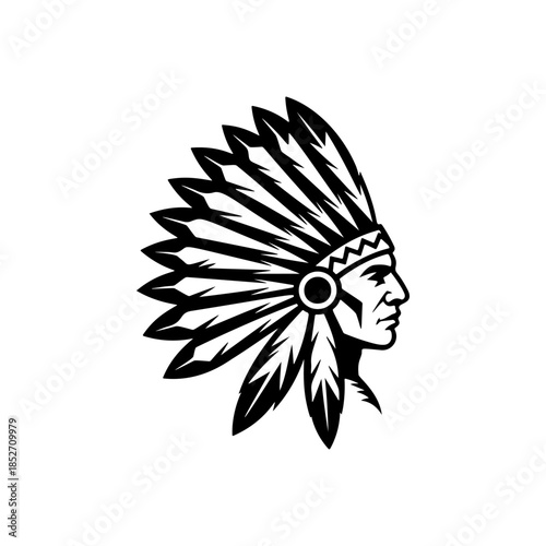 A profile black and white vector logo of a Native American man wearing a traditional feathered war bonnet (headdress), symbolizing pride, heritage, and history.
