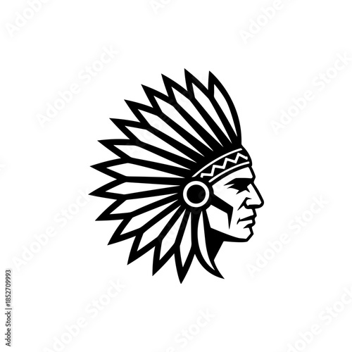 A profile black and white vector logo of a Native American man wearing a traditional feathered war bonnet (headdress), symbolizing pride, heritage, and history.