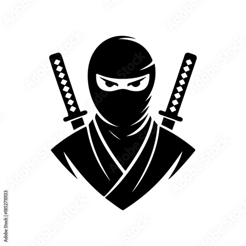 A stealthy black and white vector logo of a ninja warrior with crossed katanas, symbolizing secrecy, martial arts, strength, and discipline.
