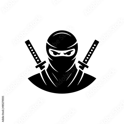 A stealthy black and white vector logo of a ninja warrior with crossed katanas, symbolizing secrecy, martial arts, strength, and discipline.