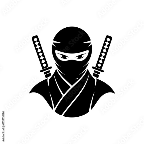 A stealthy black and white vector logo of a ninja warrior with crossed katanas, symbolizing secrecy, martial arts, strength, and discipline.