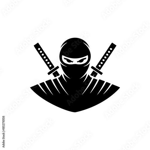 A stealthy black and white vector logo of a ninja warrior with crossed katanas, symbolizing secrecy, martial arts, strength, and discipline.