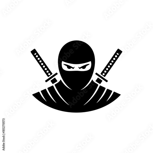 A stealthy black and white vector logo of a ninja warrior with crossed katanas, symbolizing secrecy, martial arts, strength, and discipline.