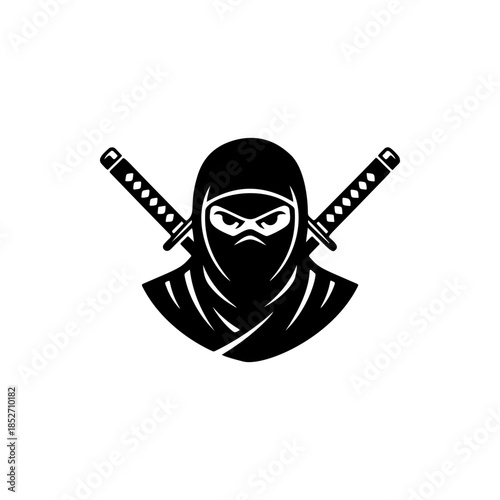 A stealthy black and white vector logo of a ninja warrior with crossed katanas, symbolizing secrecy, martial arts, strength, and discipline.
