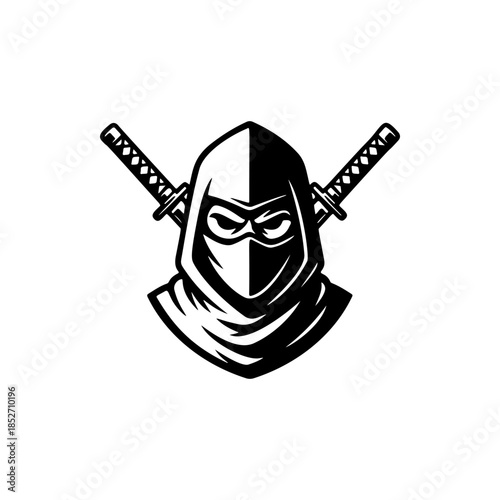 A stealthy black and white vector logo of a ninja warrior with crossed katanas, symbolizing secrecy, martial arts, strength, and discipline.