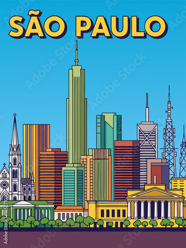 Iconic skyline illustration of São Paulo, Brazil, showcasing its modern architecture and vibrant cityscape