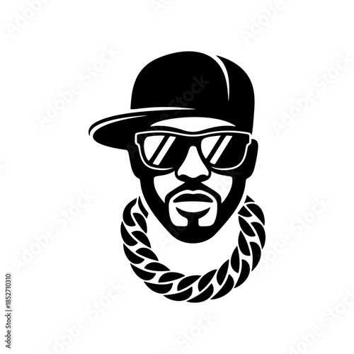 A cool black and white vector logo of a male rapper wearing a baseball cap, sunglasses, and thick gold chain, symbolizing hip-hop culture and music.