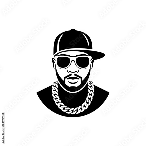 A cool black and white vector logo of a male rapper wearing a baseball cap, sunglasses, and thick gold chain, symbolizing hip-hop culture and music.