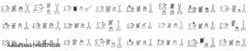 Seamless line art pattern of vintage sewing accessories, featuring sewing machines, thread spools, thimbles, and tailoring scissors on a white background.