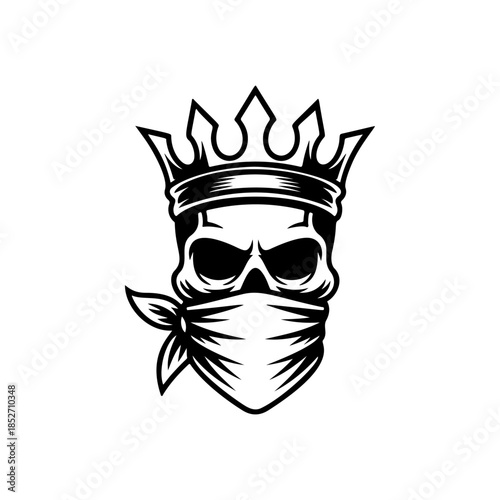 A fierce black and white vector logo of a human skull wearing a royal crown and a bandanna covering the lower face, symbolizing rebellious royalty or power.