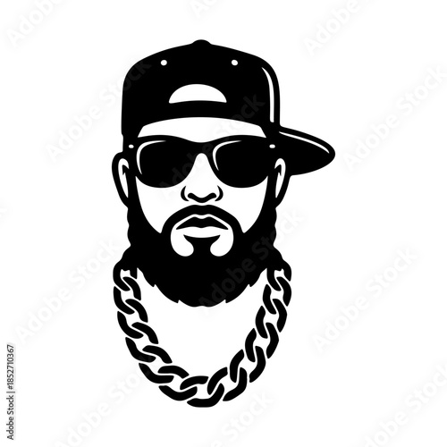 A cool black and white vector logo of a male rapper wearing a baseball cap, sunglasses, and thick gold chain, symbolizing hip-hop culture and music.