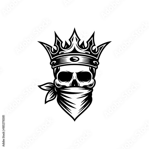 A fierce black and white vector logo of a human skull wearing a royal crown and a bandanna covering the lower face, symbolizing rebellious royalty or power.
