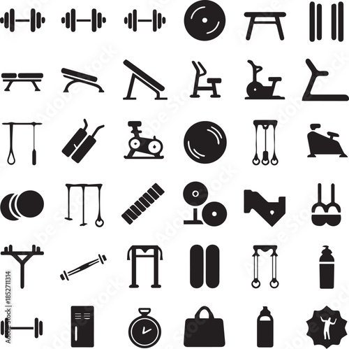 Gym and Fitness Equipment Silhouette Icons Set – Workout, Training and Exercise Symbols