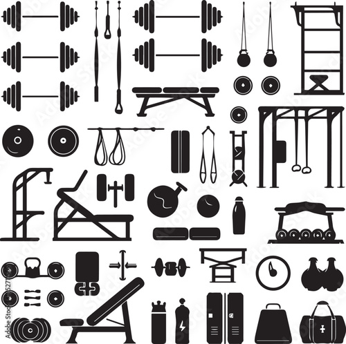 Gym and Fitness Equipment Silhouette Icons Set – Workout, Training and Exercise Symbols