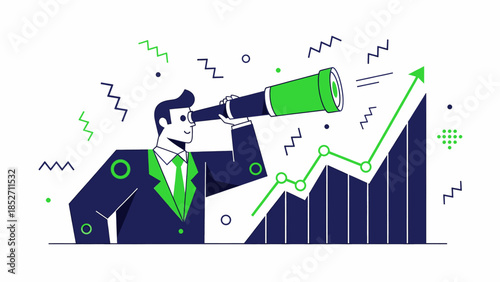 Business man with telescope looking at rising stock market graph, forecasting financial growth