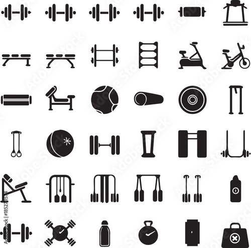 Gym and Fitness Equipment Silhouette Icons Set – Workout, Training and Exercise Symbols